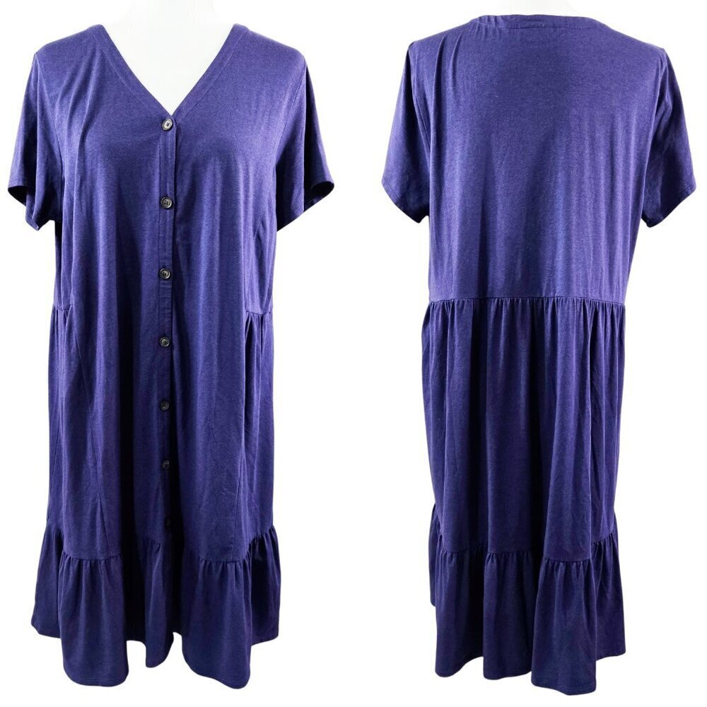J. Jill Purple Modal Blend V-Neck Short Sleeve Button-Up Tiered Knit Dress Soft
